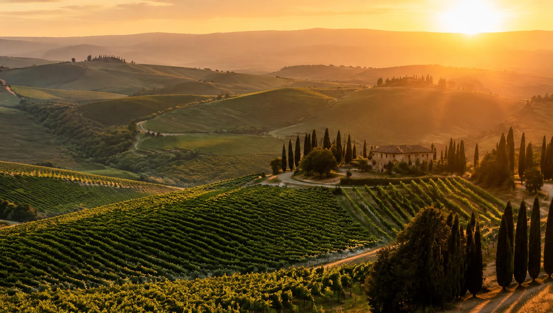 Sunlit vineyard hills in Tuscany at golden hour